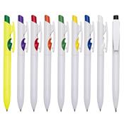 Caneta plástica com detalhes no acionador e destravador colorido.