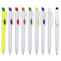 Caneta plástica com detalhes no acionador e destravador colorido.